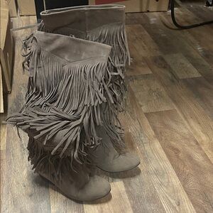 Aryn K Over the Knee Fringe Boots - Brown